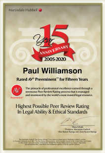 15 Year Anniversary | 2005-2020 | Paul Williamson | Rated AV Preeminent For Fifteen Years